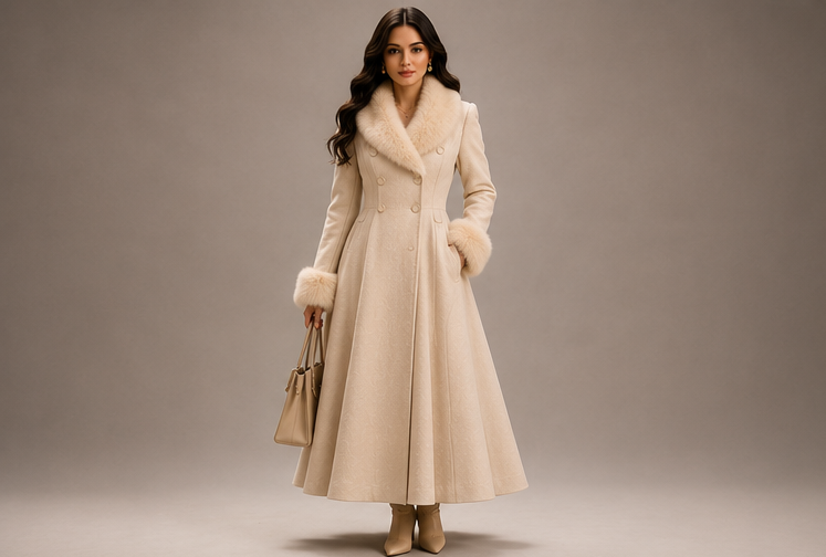 Manteau Cintré Élégance Royale FLOZELA - vue principale, Blanc Crème