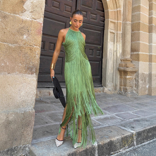 Robe Élégance Frangée Royale FLOZELA - vue principale, Vert